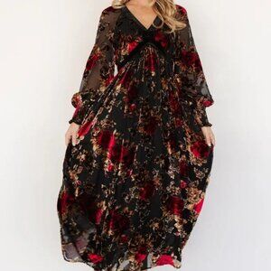Baltic Born Adele Velvet Goth Burnout Maxi Floral Red Black Boho Dress